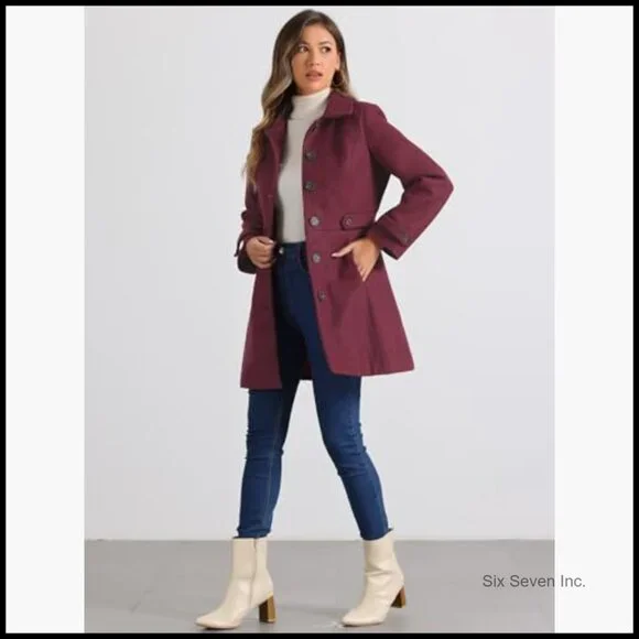 Polyester Pea Coat with Pockets, Fully Lined Overcoat for Winter